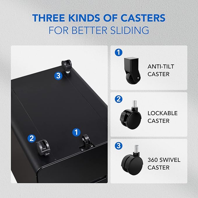 FLEXISPOT Metal File Cabinet for Home Office Mobile File Cabinet with Lock 3 Drawer Filing Cabinets for Legal/Letter/A4 File, Round Corner Design,Black