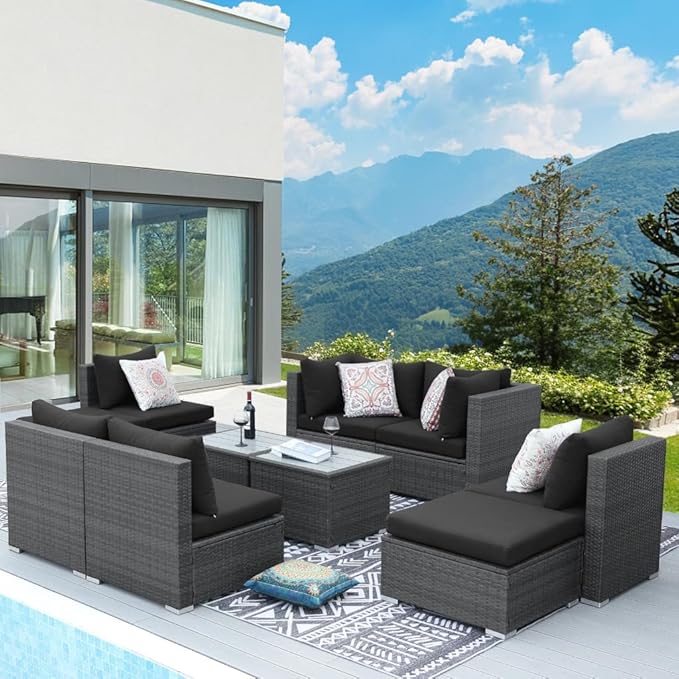 NICESOUL 10 Piece Modern Luxury 29.3'' High Back Outdoor Furniture Set, Extra Large Size PE Wicker Patio Modular Sectional with Side Tables, All-Weather Rattan Conversation for Backyard Deck, Grey