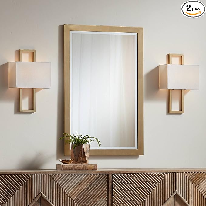 Possini Euro Design Modena Modern Wall Light Sconces Set of 2 French Brass Gold Hardwired 9 1/2" Fixture Off-White Faux Silk Half Shade for Bedroom Bathroom Vanity Living Room Home Hallway Dining