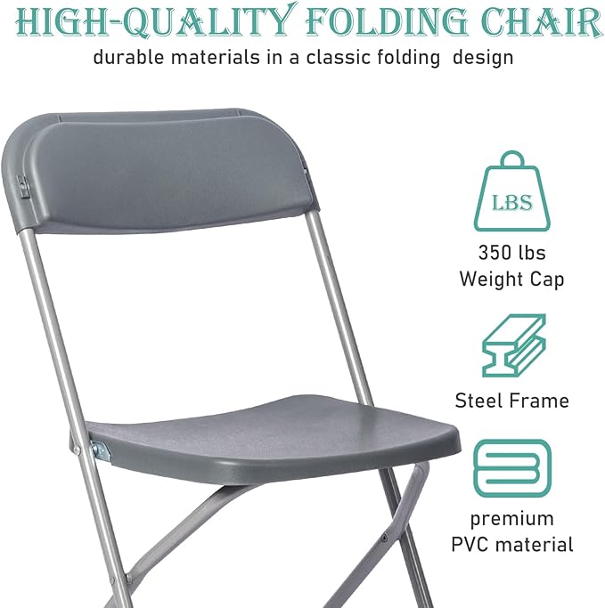 100 Pack Plastic Grey Folding Chairs,Portable Party Chairs Stackable Commercial Seats with Steel Frame for Office Home Outdoor Indoor Wedding Party Patio Dinning Events,350lbs Capacity