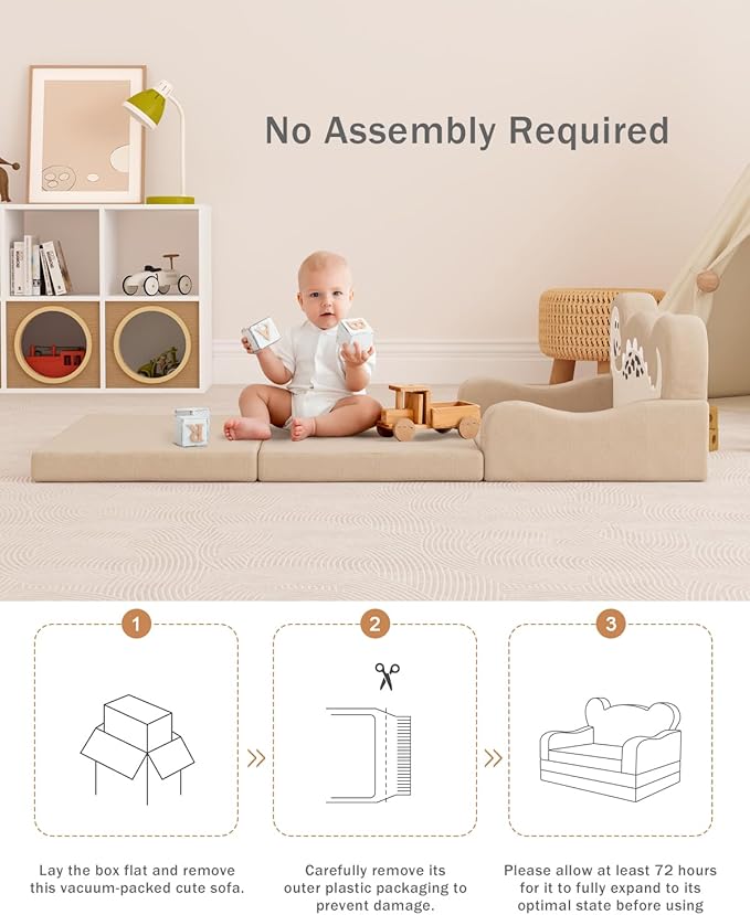 YACODAVO 2-in-1 Kids Couch Fold Out, Convertible Toddler Couch to Lounger, Toddler Chair Comfy, Kids Sofa for Girls and Boys, Gift for Birthday, Children's Day, Dinosaur Beige