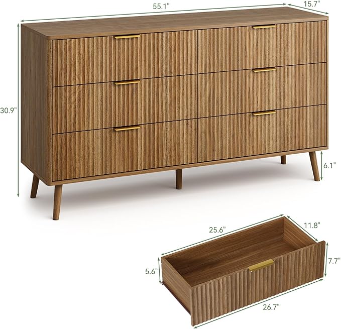 LYNSOM Fluted Dresser and Nightstand Sets 3 Piece, 6-Drawers Dresser and 1-Drawer Nightstands Set of 2, Wood Bedroom Furniture Set for Home, Bedroom, Hallway, Natural Oak
