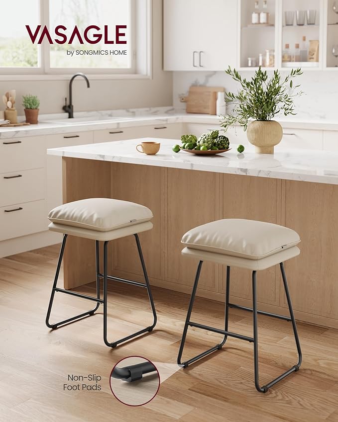 VASAGLE Bar Stools Set of 2, Counter Height Bar Stools, Leather Counter Stools Barstools with Soft Cushion and Metal Sled Legs, 25.6 Inches Bar Height Bar Chairs for Kitchen Island, Cappuccino Beige