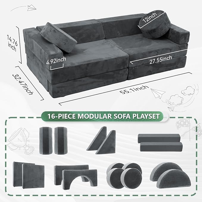 HOMFINE 16pcs Modular Kids Play Couch, Kids Toddler Couch, Child Sectional Sofa, Versatile Kid Sofa for Playroom Bedroom, Convertible Foam and Floor Cushion for Boys and Girls, Grey