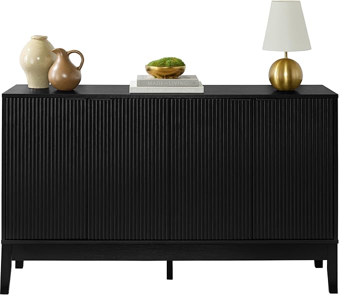 Best Choice Products 55" Modern 4-Door Sideboard Storage Cabinet, Buffet, Media Cabinet, Cupboard, Entryway Accent Table, Bookcase w/Reed Panels and Adjustable Shelves - Black