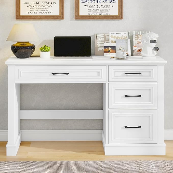 Vabches Farmhouse 47" Executive Desk, Computer Desk with Drawers and File Drawer, Workstation Computer Desk with Charging Station for Home Office,Study,Cream White.