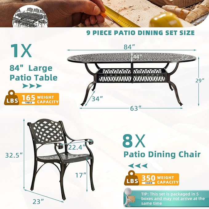 MEETWARM 9-Piece Outdoor Patio Dining Set, 8 Outdoor Dining Chairs and 1 Oval Table with 2" Umbrella Hole, All Weather Cast Aluminum Patio Funiture Set for Backyard, Garden, Patio