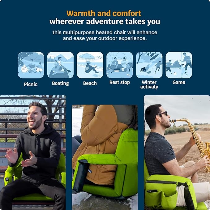 Alpcour Heated Reclining Stadium Seat for Bleachers – Wide Bleacher Chair with Back Support and Cushion, Armrests, Side Pockets, & Hook – Stadium Seats Chairs for Camping, Kayak, Paddle Board & More