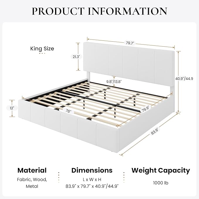 SHA CERLIN King Size Bed Frame, Velvet Upholstered Platform Bed, Vertical Channel Tufted Adjustable Headboard, Low Profile Bed Frame, No Box Spring Needed, Easy Assembly, White