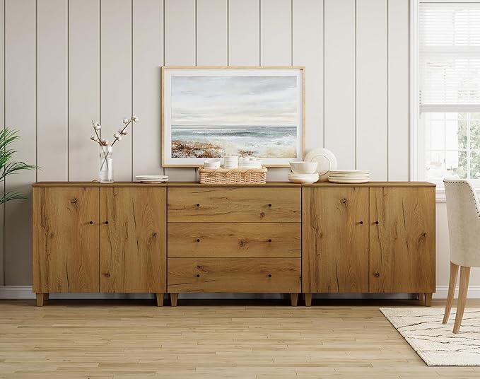 WAMPAT Sideboards Buffet Cabinet, 3-in-1 Wood Wide Credenza Storage Cabinet with 4 Doors and 3 Drawers, Modern Kitchen Coffee Bar Table with Storage for Living Room Dining Room, Oak Brown