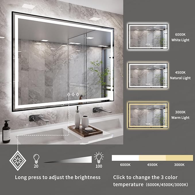 LED Bathroom Mirror, 55x36 Inch Black Framed Gradient Front and Backlit LED Mirror, 3 Colors Dimmable CRI>90, Enhanced Anti-Fog Wall Mounted Smart Mirror