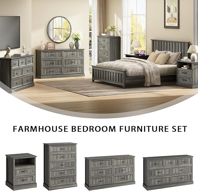 CARPETNAL Farmhouse 7 Drawer Dresser for Bedroom, 55 Inch Wide Modern Grey Dresser TV Stand with Large Drawers & Bar Handles, Rustic Wood Chest of Drawers for Bedroom, Living Room, Hallway, Entryway.