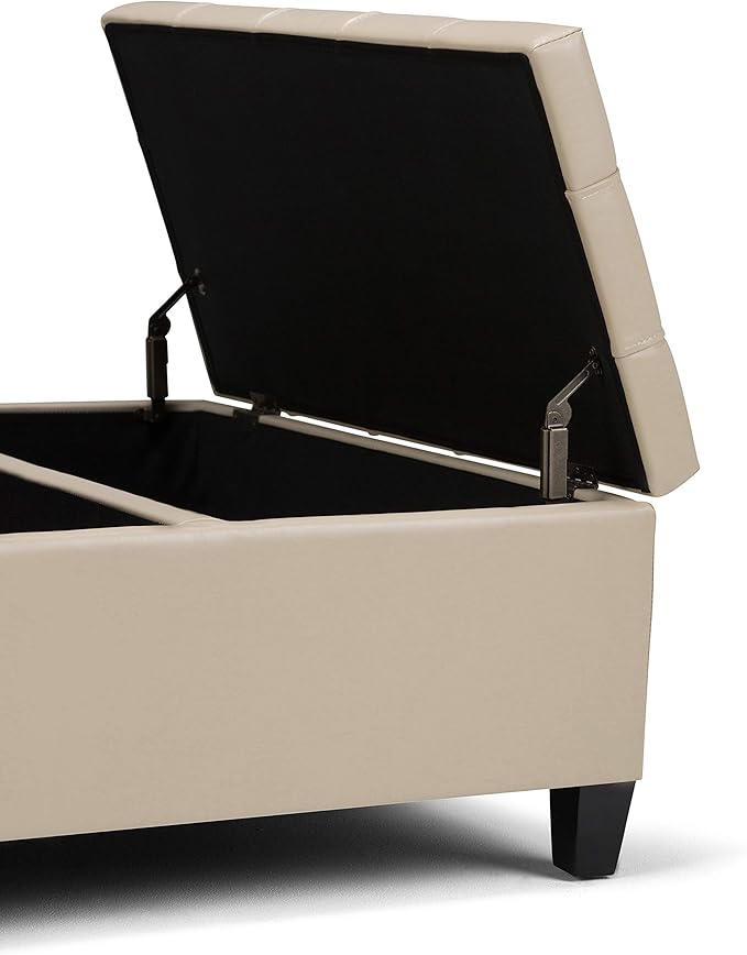 SIMPLIHOME Harrison Coffee Table Storage Ottoman - 36 inch Wide Upholstered Vegan Leather Square Lift-Top Ottoman in Satin Cream, Transitional Ottoman for Living Room with Hidden Storage