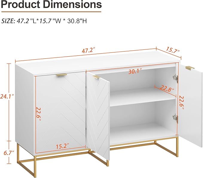 Scurrty Sideboard Buffet Cabinet with Adjustable Shelf, Storage Buffet with 3 Doors (White)