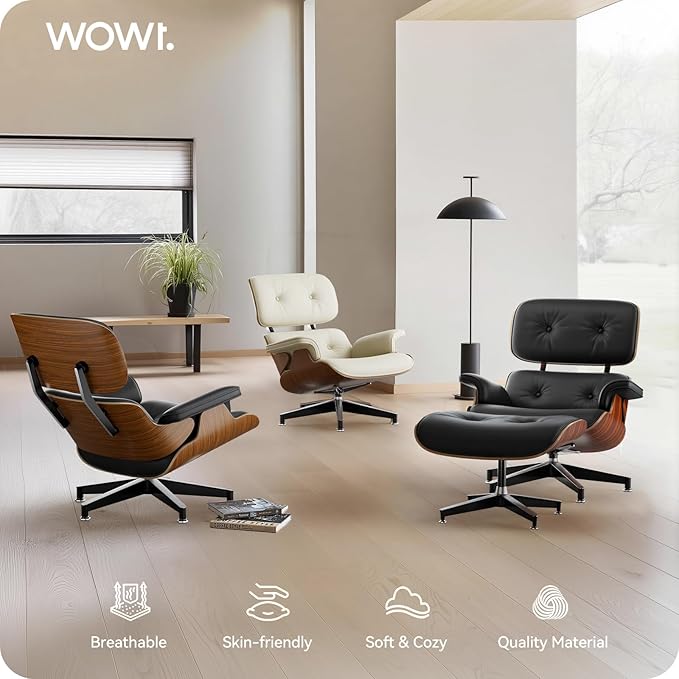 Top Black Grain Leather, Mid Century Chaise Lounge Chair and Ottoman, Modern Chair Classic Design, Palisander Wood, Heavy Duty Base Support for Living Room Office Study