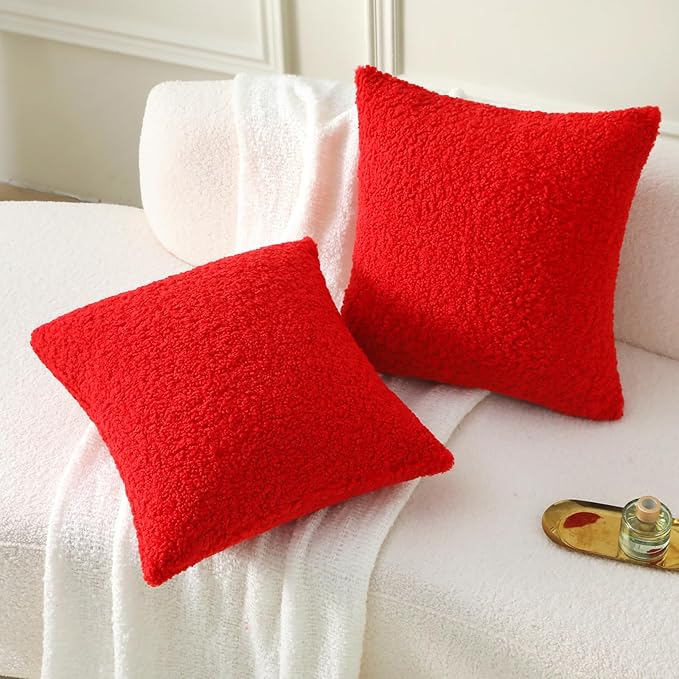 FUTEI Christmas Red Throw Pillow Covers 20x20 Inch Set of 2,Furry Faux Fur Teddy Boucle Textured Cushion Covers,Soft Fluffy Decorative Pillow Case,Home Decor for Couch Bed Living Room Office Car