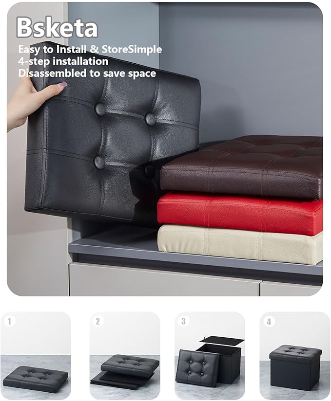2PC Storage Ottoman, Folding Foot Stool with Thicker Foam Padded Seat Small Leather Storage Ottoman Bench Foot Rest for Living Room Foldable Coffee Table 17x13x13in,Black