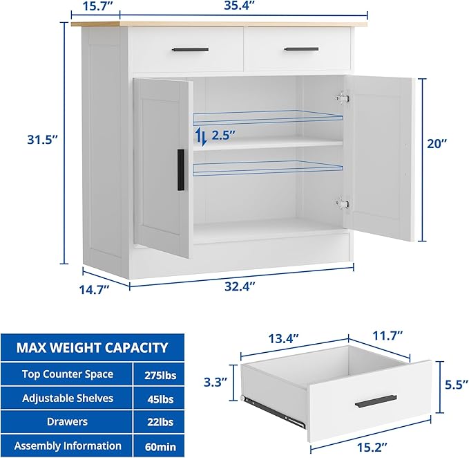 Buffet Cabinet with Storage - Buffets & Sideboards Kitchen Storage Cabinet, Wood Console Table Coffee Bar Accent Cabinets for Living Room Dining Room Entryway Small 2 Doors & Drawers, White 35.4"W