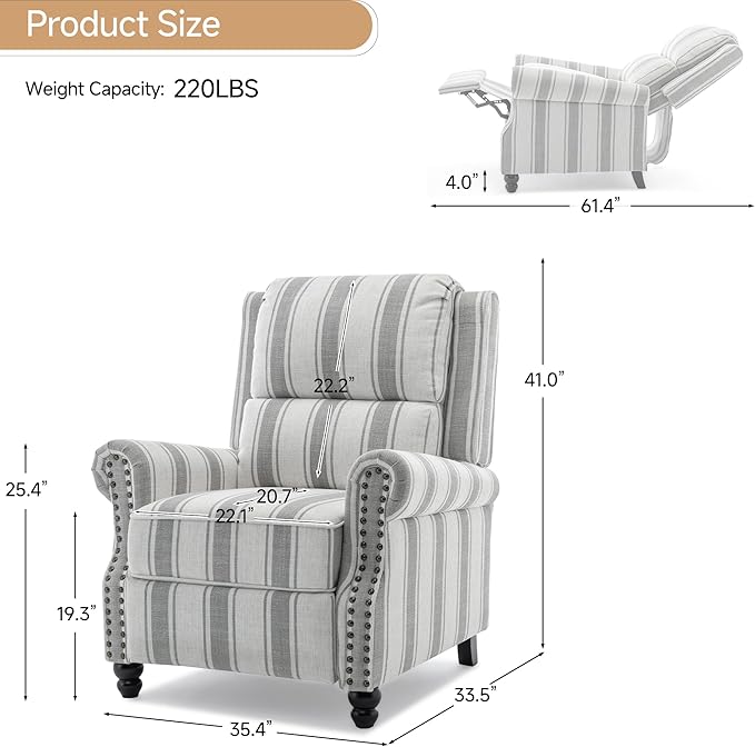 Lumibee Pushback Recliner Chair,Upholstered Wingback Chair for Small Spaces,2 Set of Floral Fabric Armchair for Living Room,Single Sofa Accent Chair Reading Seat for Balcony,Bedroom-Striple Gray