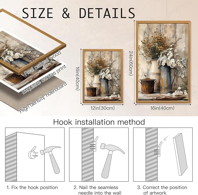 HLXRAE Rustic Farmhouse Bathroom Wall Art, Vintage Country Floral Still Life Wall Decor, White Daisy Canvas Painting, Shabby Chic Flower Poster Print for Bedroom Kitchen Wood Framed 16x24 inch