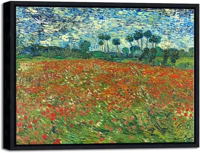 Wieco Art Framed Art Poppy Field June 1890 Canvas Print of Vincent Van Gogh Oil Paintings Reproduction Abstract Wall Art for Home Decorations Black Frame