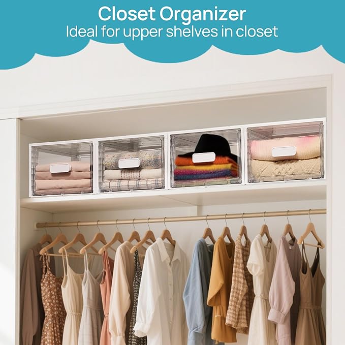 Vtopmart 4 Pack 18QT White Stackable Storage Drawers,Easily Assemble Acrylic Closet Organizers,Plastic Storage Bins for Bathroom,Cabinet,Kitchen Pantry,Under Sink Organization