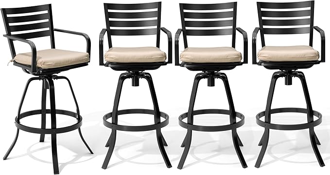 Pellebant Patio Swivel Barstools Set of 6, Aluminum 29.5" Outdoor Bar Height Stool Chairs with Back & Footrest,Rust-Proof Tall Patio Bar Stools for Deck Lawn Garden,Beige