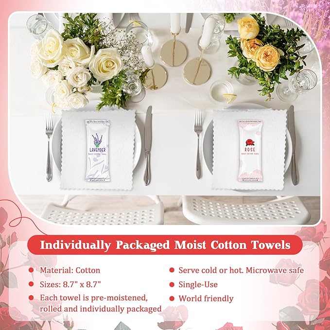 50 Pcs Moist Towelettes Individually Wrapped Scented Disposable Face Towels Essential Oil Infused Moist Terry Cotton Towel for Use Hot or Cold Travel Body Spa (Rose, Lavender)