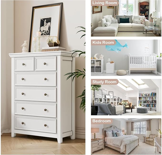 BLANKSPACE White Farmhouse Dresser, 6 Chest Drawer Dresser for Bedroom, Large Capacity Nightstand, Modern Tall Wood Cabinet for Bedroom, Living Room, Closets, Hallway
