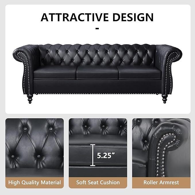 Faux Leather Sofa Couches Set, Modern Comfy Upholstered Couch with Cushions, Home Sofa Sectional Furniture Sets, 3-Piece Mid Century Tufted Chesterfield Couches for Living Room, Bedroom, Office