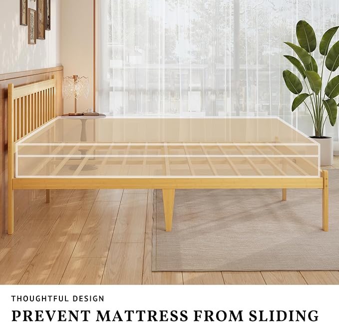 Askeld Wood Twin Bed Frame with Headboard, 14 Inch High Solid Bamboo Platform Bed No Box Spring Needed, Mid-Century Heavy Duty Bedframe, Easy Assembly, Noise Free