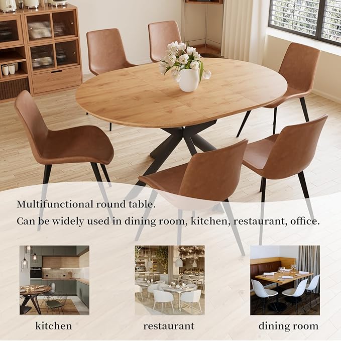43.2"-59.1" Extendable Round Dining Table Set, Mid Century Modern Wooden Round Table, Leisure Oak Coffee Table,w/ 4 PU Leather Chairs