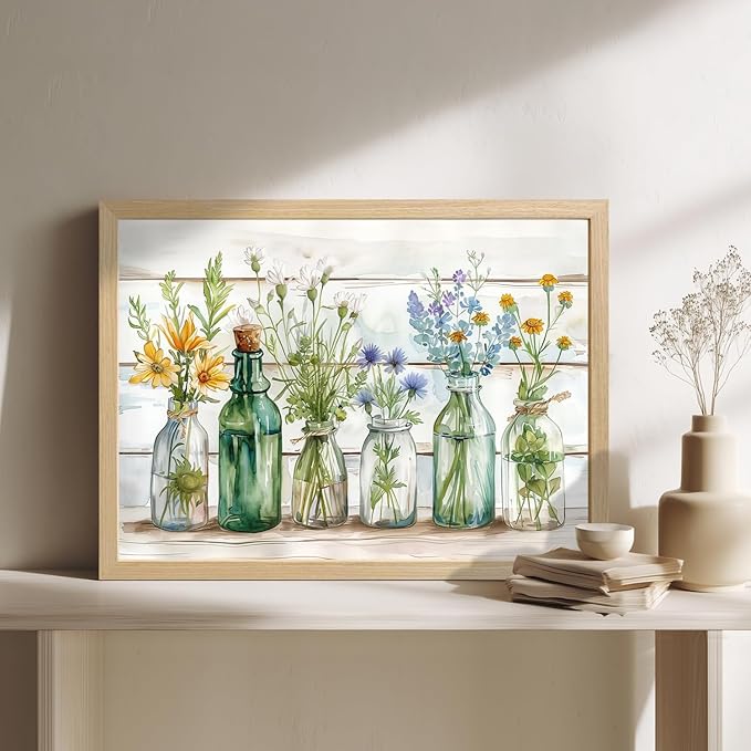 HLXRAE Wood Framed Green Bathroom Wall Art, Vintage Rustic Farmhouse Bathroom Wall Decor, Watercolor Floral Canvas Painting, Sage Green Plant Aesthetic Picture for Laundry Room Decor 16x24 inch