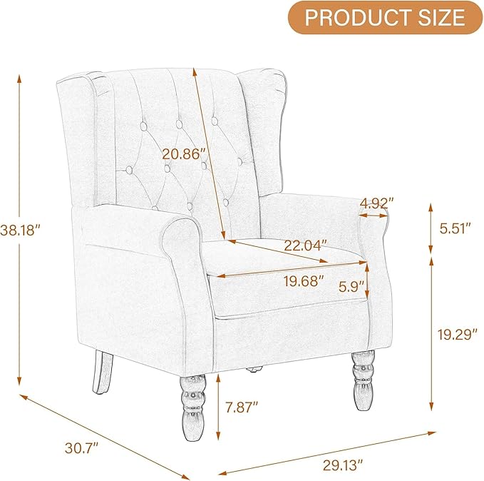 UIXE High Back Accent Chair, Fabric Upholstered Armchair for Living Room, Retro Wingback Arm Chair Comfy Single Sofa Bedroom Reading Seat with Solid Wooden Legs - Gray