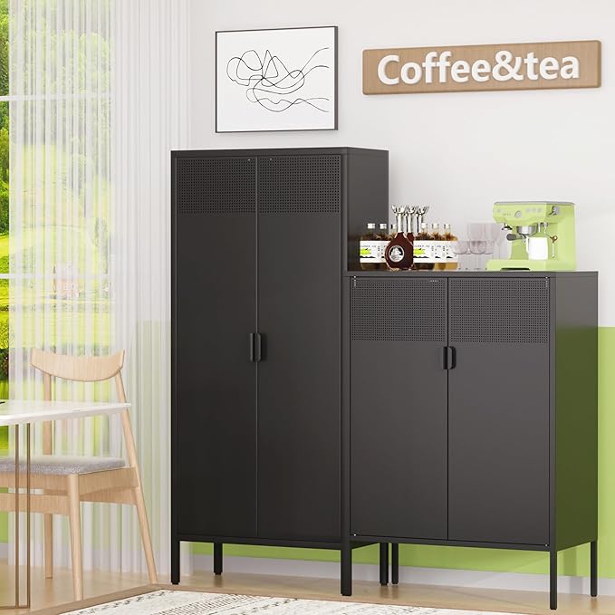 61 Inches Metal Storage Cabinet with Doors and Shelves, 4 Tier Kitchen Pantry Cabinet, Metal Cabinet for Home Office, Dinning Room, Laundry Room, Living Room, Bathroom and Utility Room (Black)
