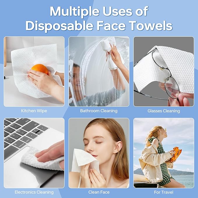 Disposable Face Towels 100 Count, Ultra Soft & Thick Facial Towels for Sensitive Skin, Biodegradable & Lint-Free Makeup Remover Dry Wipes, Multi-Purpose Cleansing Towelettes for Face Wipes