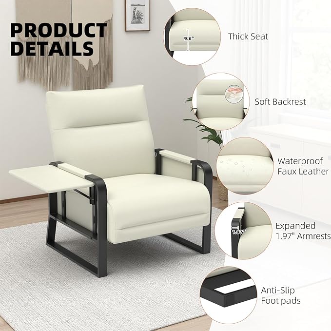 Upholstered Accent Chair, Modern Faux Leather Sofa Chair with Foldable Side Tray Table & Storage Pocket, Small Accent Sofa for Living Room, Bedroom, Reception Room, Beige