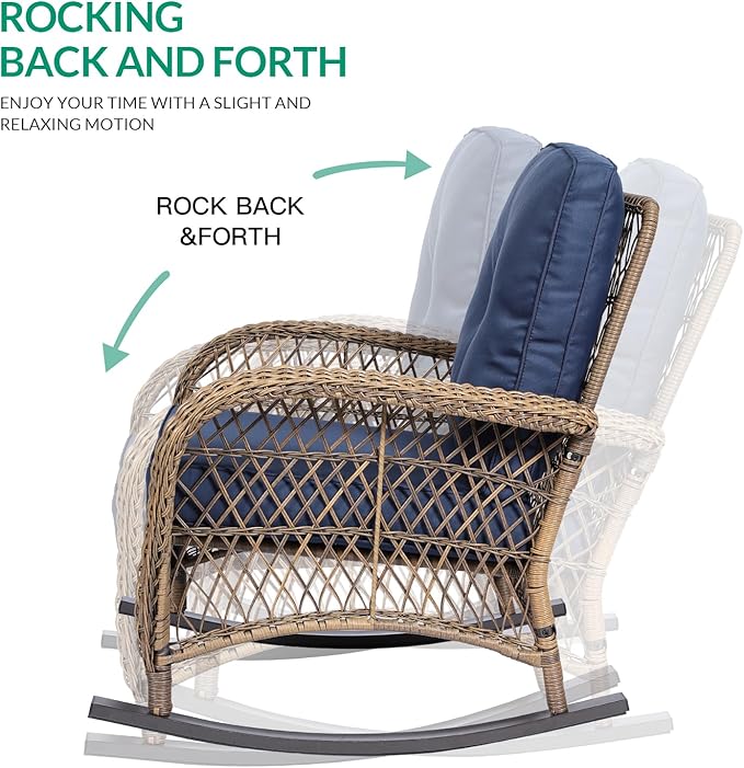VIVIJASON 4-Piece Outdoor Patio Wicker Conversation Sets, All Weather Outdoor Rattan Furniture Set Includes Glider Loveseat, Coffee Table, 2 Rocking Chairs with Cushions for Backyard, Navy Blue