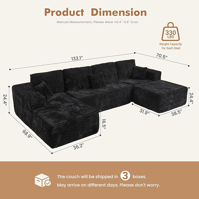133.1'' Boneless Sectional Couches for Living Room, Oversized Cloud Couch with Chaise & Ottoman, Modular Sofa Sets Deep Seat Plush Corduroy, No Assembly Required,Plush Corduroy,Black