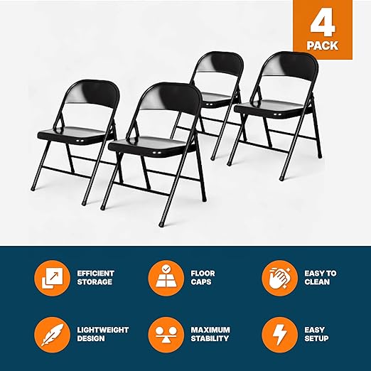 OEF Furnishings OEF900 Series Premium Lightweight All-Steel Folding Chairs (4-Pack, Black)