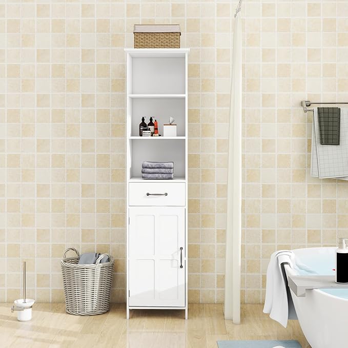 Tall Bathroom Storage Cabinet with Door and Shelves, Narrow Bathroom Cabinet Freestanding, White Slim Storage Cabinet for Home, Kitchen, Anti-Tipping