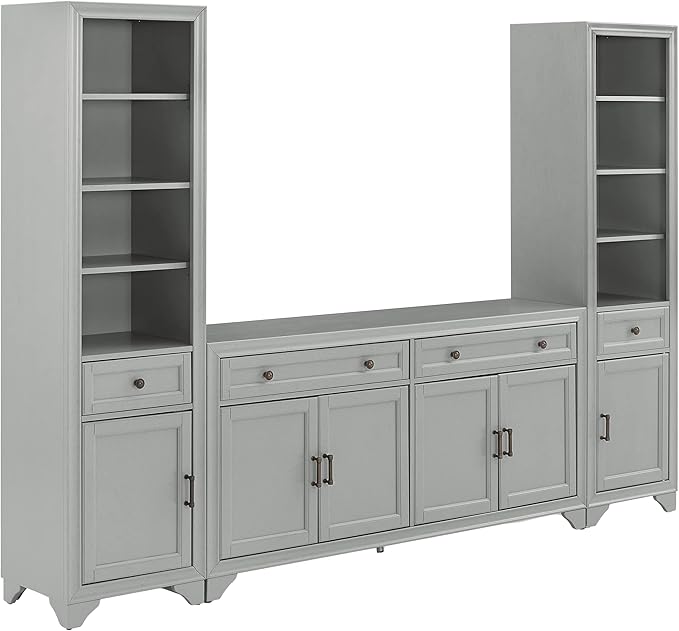 Crosley Furniture Tara 3-Piece Modern Farmhouse Sideboard Buffet Cabinet and Bookcase Set with Storage, Distressed Gray