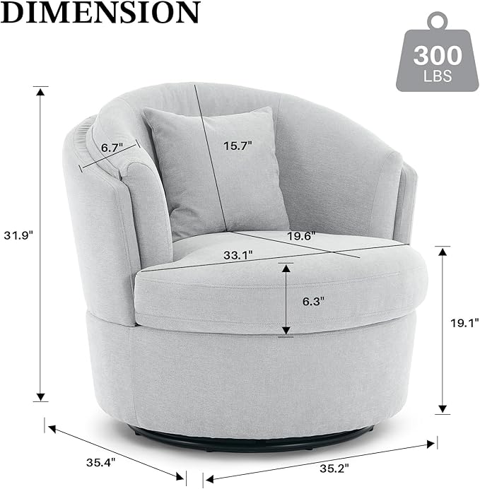 Swivel Accent Chair, 360 Degree Round Swivel Barrel Chair with Pillow, Widened Upholstered Chenille Barrel Armchair for Living Room Bedroom Reading Room, Light Gray