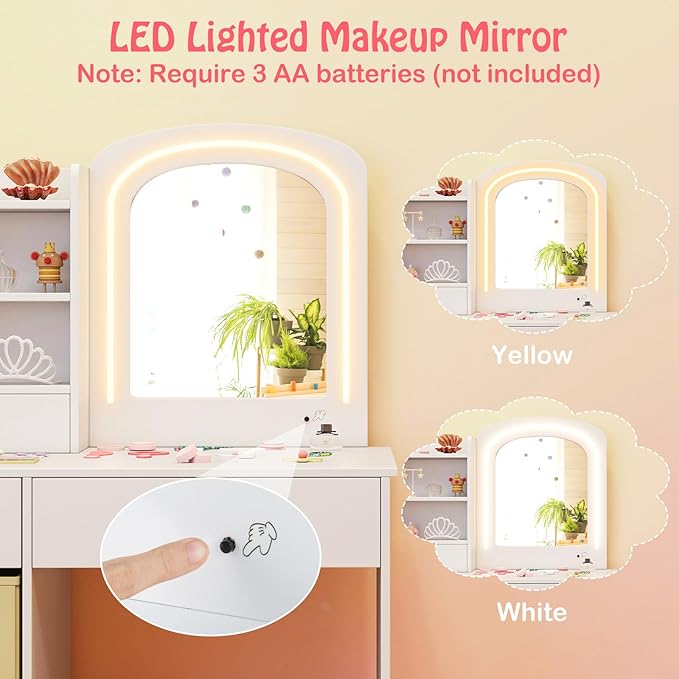 HONEY JOY Kids Vanity, Little Girls Vanity Set with Mirror and Stool and Lights, Wooden Princess Makeup Dressing Table, Storage Box & Shelf, Pretend Play Kids Vanity Table and Chair Set(White)
