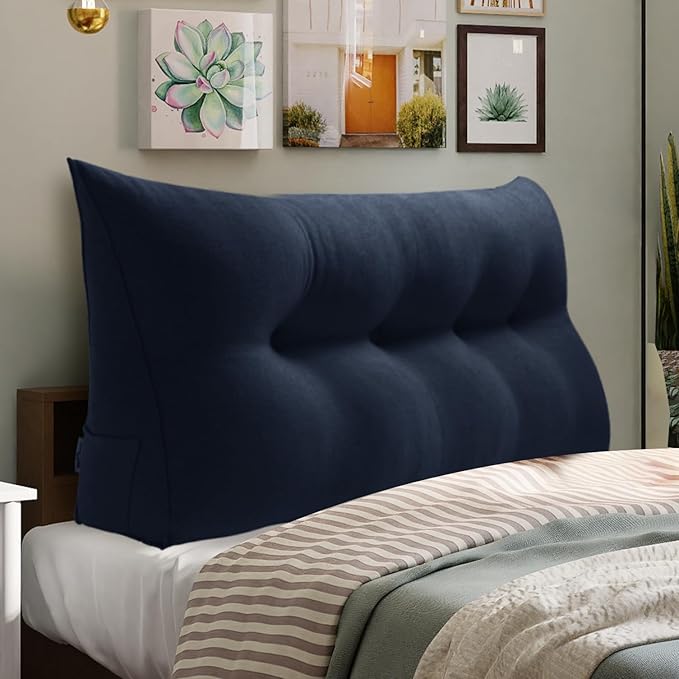 WOWMAX 85% Linen 15% Cotton Blend Headboard Pillow – Full Size Reading Wedge Backrest for Bed, Handmade Firm Support Bolster Cushion with Removable Cover, Premium Bed Rest Pillow, Blue