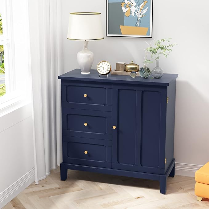 HLR Accent Cabinet with 3 Drawers and Door, Wooden Storage Cabinet with Shelves, Sideboard for Living Room, Entryway, Navy Blue