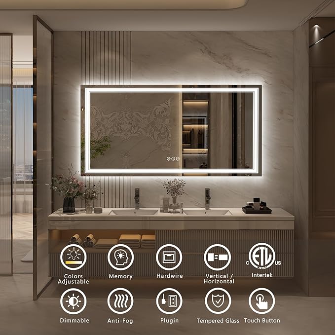 55x30 LED Lighted Bathroom Mirror for Wall, Large Dimmable Vanity Mirror with Lights, Anti-Fog, Shatterpoof, Memory, ETL Listed (Backlit + Front Lit)