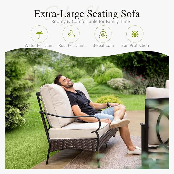 Sophia & William Patio Furniture Set with Fire Pit Table, 5 PCS Metal Outdoor Conversation Set with Fire Pit Table, 2 Sofa Chairs,1 Loveseat, 3-Seater Couch for Outdoor Seating, Backyard, Porch(Beige)