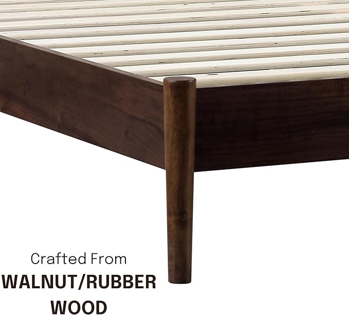 NTC Inno Wooden Bed Frame with Headboard, Solid Oak and Rubber Wood Foundation with Silent Slats and Wood Central Supports, 1000 Lb Capacity, Effortless Assembly, Queen - Dark Walnut