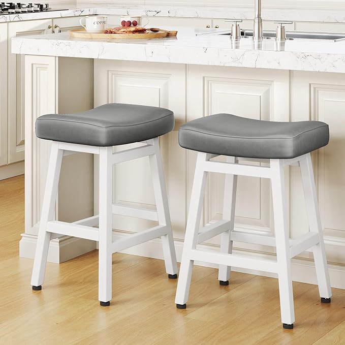 Counter Height Bar Stools Set of 2, 24 Inch Barstools for Kitchen Counter, Kitchen Stools with Bonded Leather Saddle Seats & Heavy Duty Metal Legs, Easy Assembly, Gray/White